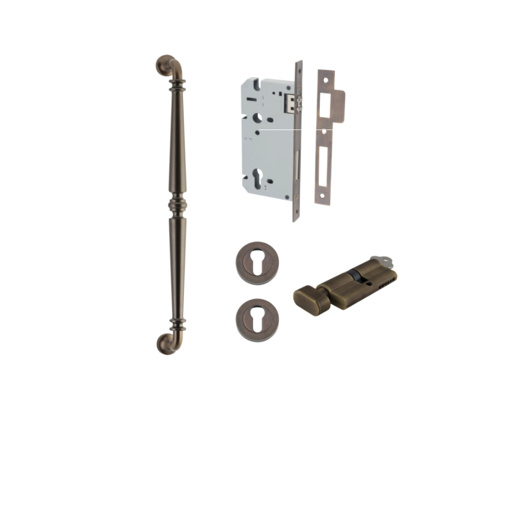 Pull Handle Sarlat Signature Brass L485xW32xP72mm BP35mm CTC450mm Entrance Kit, Mortice Lock Roller Euro Signature Brass CTC85mm Backset 60mm, Euro Cylinder Key Thumb 6 Pin Signature Brass L70mm KA1, Escutcheon Euro Concealed Fix Round Pair Signat… in Sig