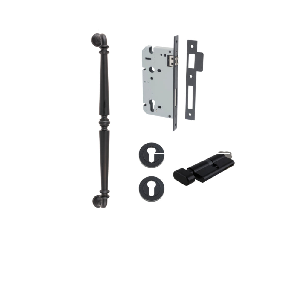 Pull Handle Sarlat Matt Black L485xW32xP72mm BP35mm CTC450mm Entrance Kit, Mortice Lock Roller Euro Matt Black CTC85mm Backset 60mm, Euro Cylinder Key Thumb 6 Pin Matt Black L70mm KA1, Escutcheon Euro Concealed Fix Round Pair Matt Black D52xP10mm in Matt