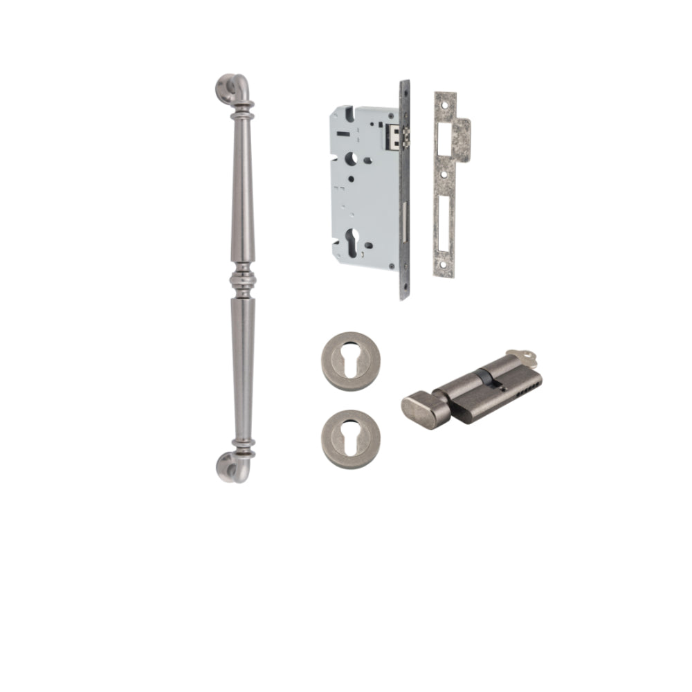 Pull Handle Sarlat Distressed Nickel L485xW32xP72mm BP35mm CTC450mm Entrance Kit, Mortice Lock Roller Euro Distressed Nickel CTC85mm Backset 60mm, Euro Cylinder Key Thumb 6 Pin Distressed Nickel L70mm KA1, Escutcheon Euro Concealed Fix Round Pair … in Dis