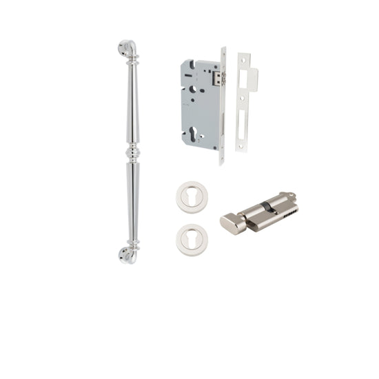 Pull Handle Sarlat Polished Nickel L485xW32xP72mm BP35mm CTC450mm Entrance Kit, Mortice Lock Roller Euro Polished Nickel CTC85mm Backset 60mm, Euro Cylinder Key Thumb 6 Pin Polished Nickel L70mm KA1, Escutcheon Euro Concealed Fix Round Pair Polish… in Pol