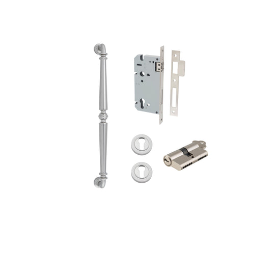 Pull Handle Sarlat Satin Nickel L485xW32xP72mm BP35mm CTC450mm Entrance Kit, Mortice Lock Roller Euro Satin Nickel CTC85mm Backset 60mm, Euro Cylinder Dual Function 5 Pin Satin Nickel L65mm KA1, Escutcheon Euro Concealed Fix Round Pair Satin Nicke… in Sat