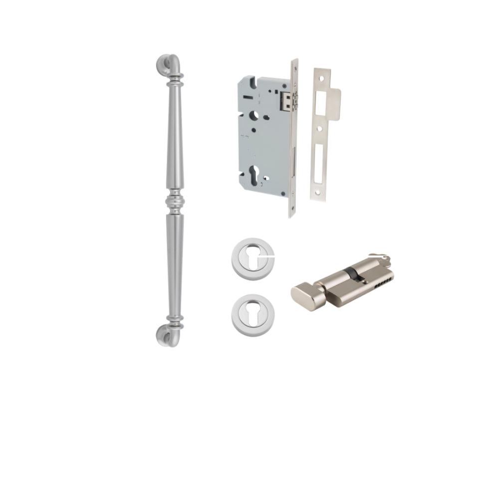 Pull Handle Sarlat Satin Nickel L485xW32xP72mm BP35mm CTC450mm Entrance Kit, Mortice Lock Roller Euro Satin Nickel CTC85mm Backset 60mm, Euro Cylinder Key Thumb 6 Pin Satin Nickel L70mm KA1, Escutcheon Euro Concealed Fix Round Pair Satin Nickel D5… in Sat