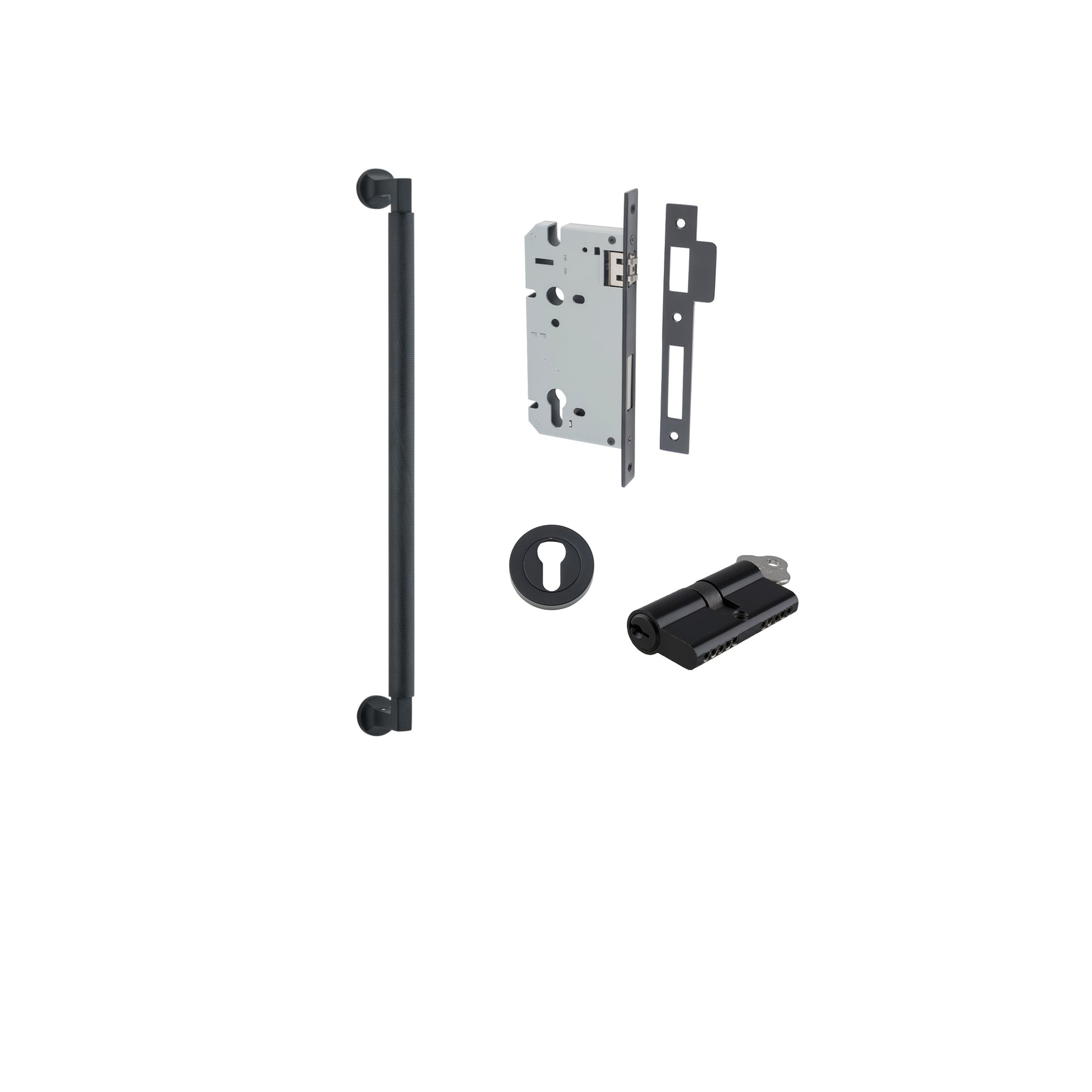 Pull Handle Brunswick Euro Pair Matt Black L485xW22xP63mm CTC450 mm BPD35mm, Mortice Lock Roller Euro Matt Black CTC85mm Backset 60mm, Euro Cylinder Dual Function 5 Pin Matt Black 65mm KA4, Escutcheon Euro Concealed Fix Round Pair D52xP10mm in Matt Black