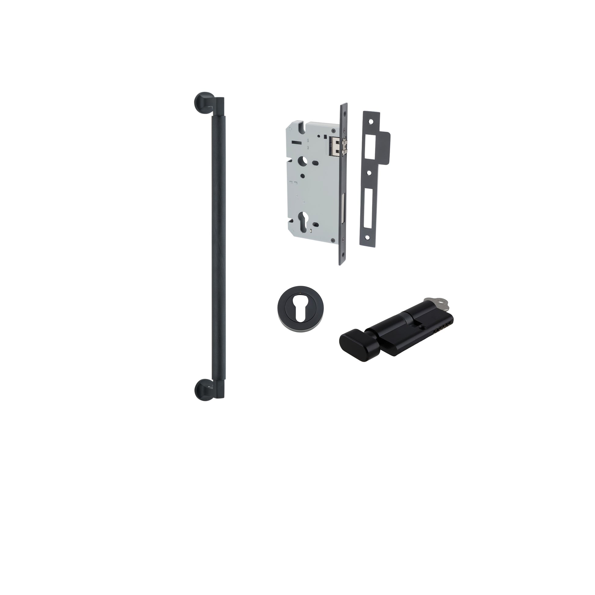 Pull Handle Brunswick Euro Pair Matt Black L485xW22xP63mm CTC450 mm BPD35mm, Mortice Lock Roller Euro Matt Black CTC85mm Backset 60mm, Euro Cylinder Key Thumb 5 Pin Matt Black 65mm KA4, Escutcheon Euro Concealed Fix Round Pair Matt Black D52xP10mm in Matt