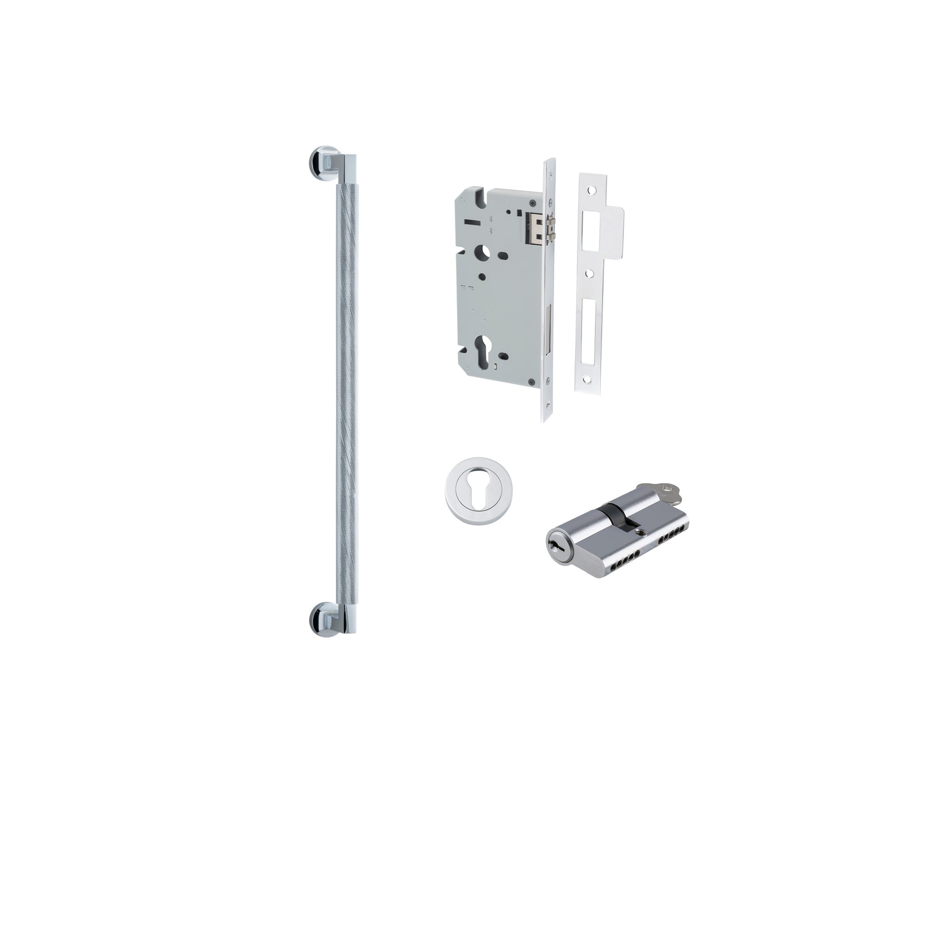 Pull Handle Brunswick Euro Pair Polished Chrome L485xW22xP63mm CTC450 mm BPD35mm, Mortice Lock Roller Euro Polished Chrome CTC85mm Backset 60mm, Euro Cylinder Dual Function 5 Pin 65mm KA4, Escutcheon Euro Concealed Fix Round Pair D52xP10mm in Polished Chr