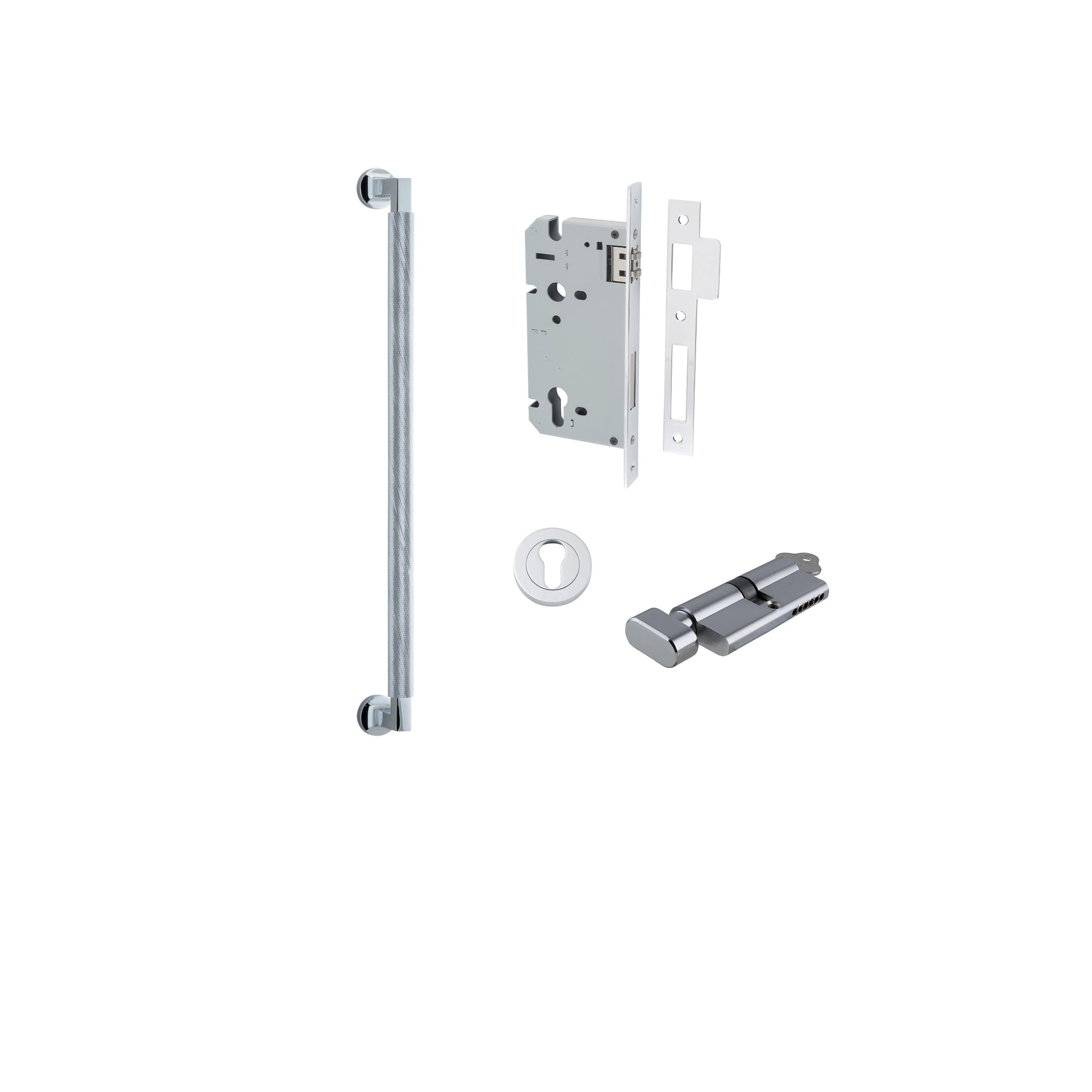 Pull Handle Brunswick Euro Pair Polished Chrome L485xW22xP63mm CTC450 mm BPD35mm, Mortice Lock Roller Euro Polished Chrome CTC85mm Backset 60mm, Euro Cylinder Key Thumb 5 Pin 65mm KA4, Escutcheon Euro Concealed Fix Round Pair D52xP10mm in Polished Chrome