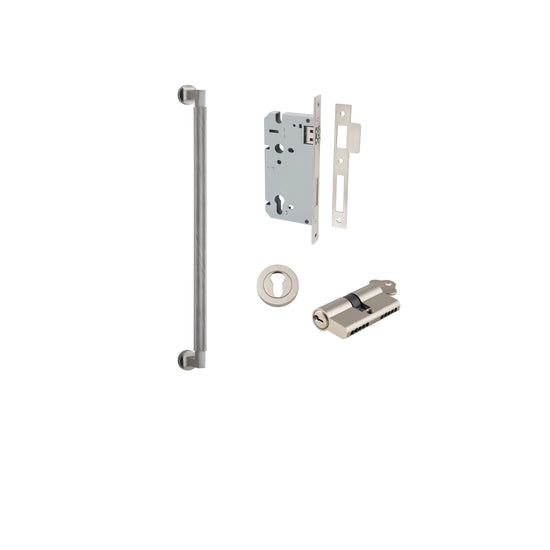 Pull Handle Brunswick Euro Pair Satin Nickel L485xW22xP63mm CTC450 mm BPD35mm, Mortice Lock Roller Euro Satin Nickel CTC85mm Backset 60mm, Euro Cylinder Dual Function 5 Pin 65mm KA4, Escutcheon Euro Concealed Fix Round Pair D52xP10mm in Satin Nickel