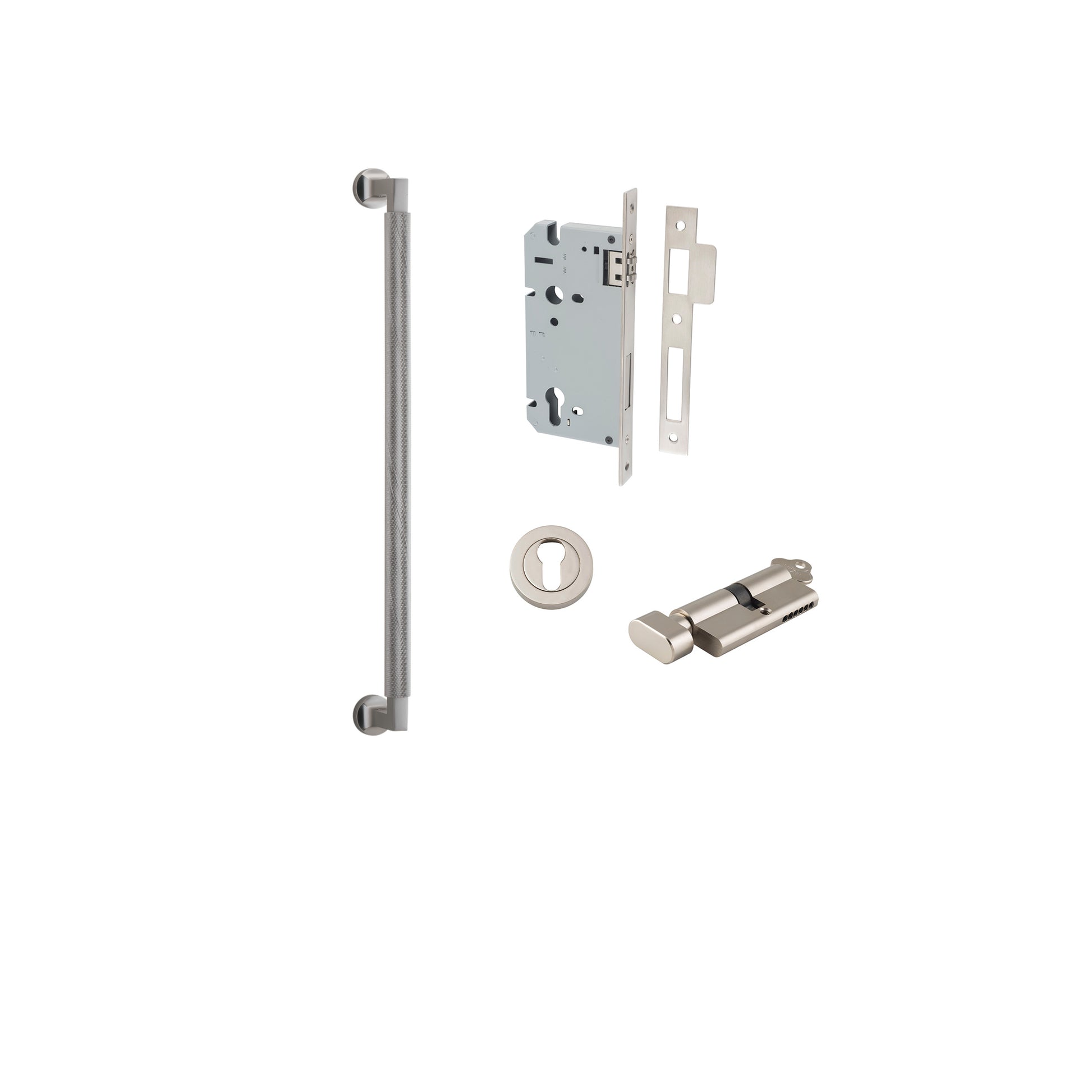 Pull Handle Brunswick Euro Pair Satin Nickel L485xW22xP63mm CTC450 mm BPD35mm, Mortice Lock Roller Euro Satin Nickel CTC85mm Backset 60mm, Euro Cylinder Key Thumb 5 Pin 65mm KA4, Escutcheon Euro Concealed Fix Round Pair D52xP10mm in Satin Nickel