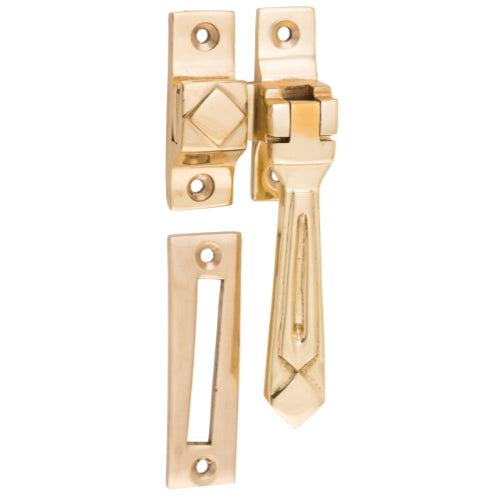 Casement Fastener Deco Polished Brass W50xP25mm Drop 85mm in Polished Brass