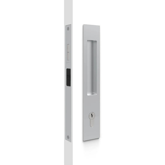 Mardeco Key Lockable M-Series Sliding Lockset (Cylinder not included), H255mm x W45mm x D13mm, Face 2mm. Suits 34mm - 50mm thick doors in Brushed Satin Chrome