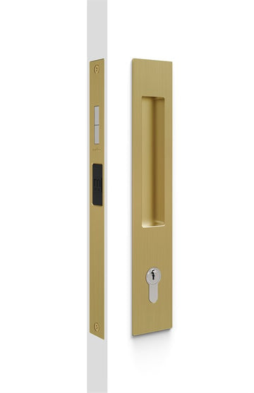 Mardeco Key Lockable M-Series Sliding Lockset (Cylinder not included), H255mm x W45mm x D13mm, Face 2mm. Suits 34mm - 50mm thick doors in Satin Brass