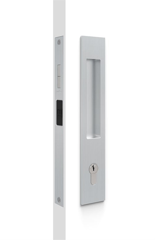 Mardeco Key Lockable M-Series Sliding Lockset (Cylinder not included), H255mm x W45mm x D13mm, Face 2mm. Suits 34mm - 50mm thick doors in Satin Chrome