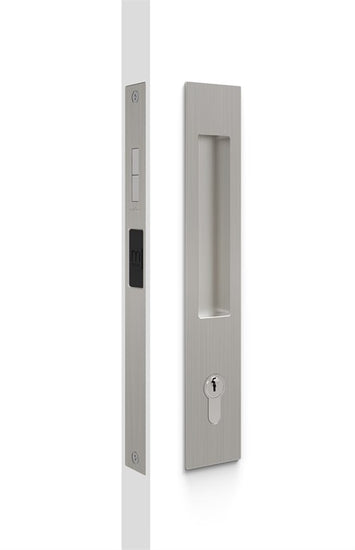 Mardeco Key Lockable M-Series Sliding Lockset (Cylinder not included), H255mm x W45mm x D13mm, Face 2mm. Suits 34mm - 50mm thick doors in Satin Nickel