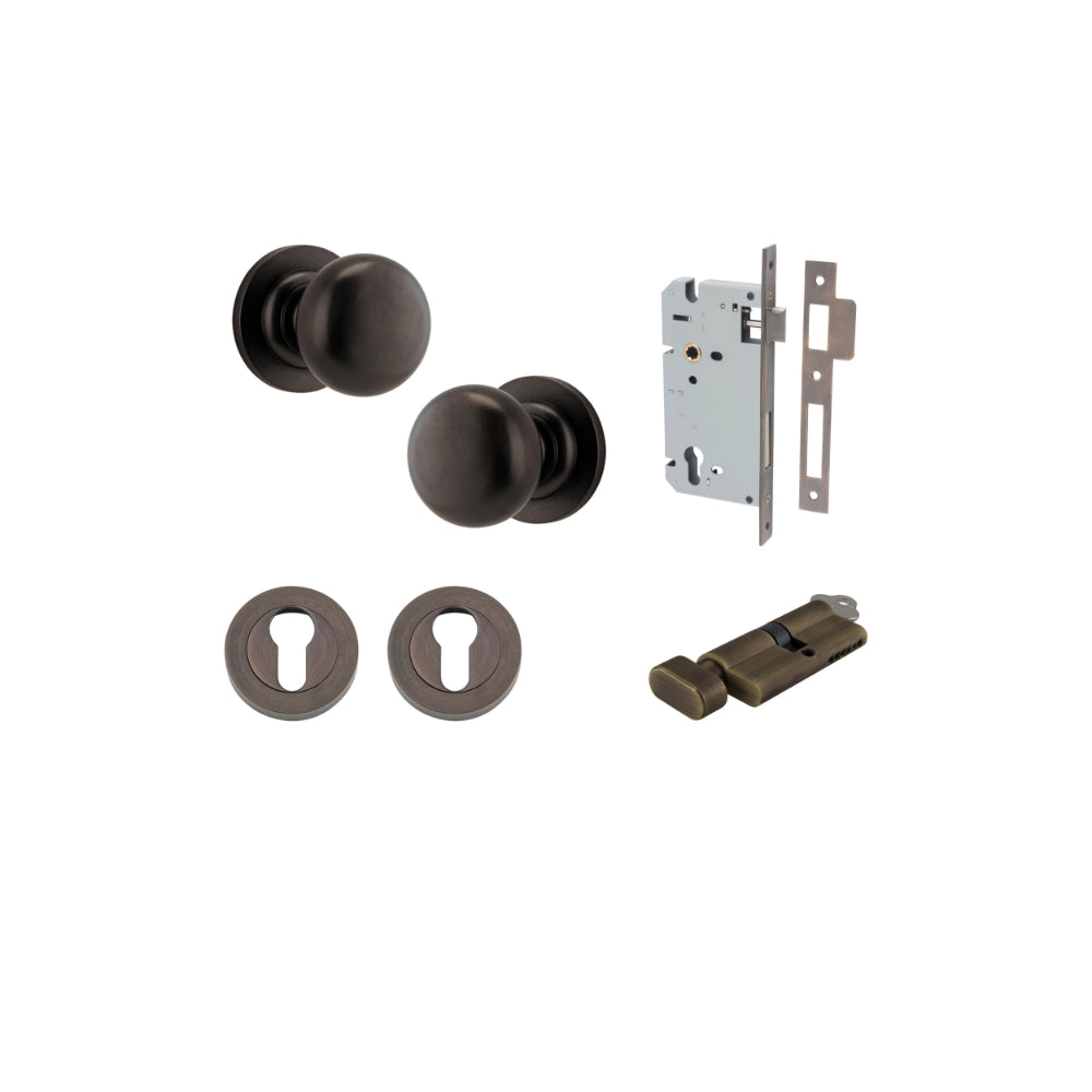 Door Knob Cambridge Round Rose Concealed Fix Signature Brass D54xP67mm BP58mm Entrance Kit, Mortice Lock Euro Signature Brass CTC85mm Backset 60mm, Euro Cylinder Key Thumb 6 Pin Signature Brass L70mm KA1, Escutcheon Euro Concealed Fix Round Pair S… in Sig