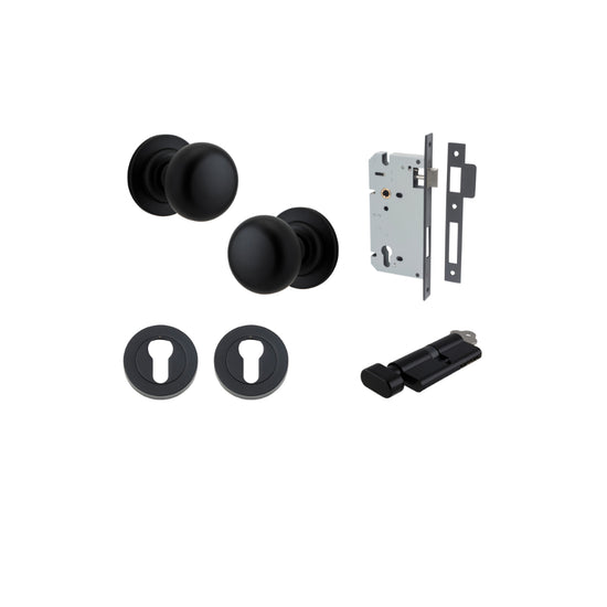 Door Knob Cambridge Round Rose Concealed Fix Matt Black D54xP67mm BP58mm Entrance Kit, Mortice Lock Euro Matt Black CTC85mm Backset 60mm, Euro Cylinder Key Thumb 6 Pin Matt Black L70mm KA1, Escutcheon Euro Concealed Fix Round Pair Matt Black D52xP… in Mat