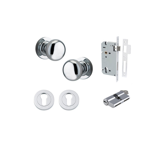 Door Knob Cambridge Round Rose Concealed Fix Polished Chrome D54xP67mm BP58mm Entrance Kit, Mortice Lock Euro Polished Chrome CTC85mm Backset 60mm, Euro Cylinder Dual Function 5 Pin Polished Chrome L65mm KA1, Escutcheon Euro Concealed Fix Round Pa… in Pol