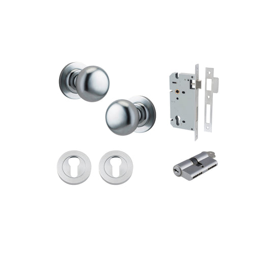 Door Knob Cambridge Round Rose Concealed Fix Brushed Chrome D54xP67mm BP58mm Entrance Kit, Mortice Lock Euro Brushed Chrome CTC85mm Backset 60mm, Euro Cylinder Dual Function 5 Pin Brushed Chrome L65mm KA1, Escutcheon Euro Concealed Fix Round Pair … in Bru