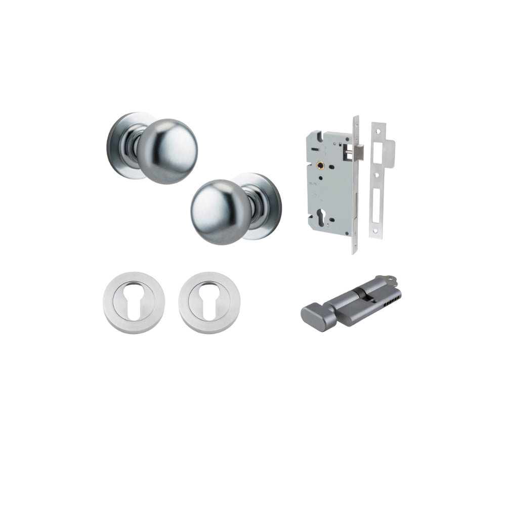 Door Knob Cambridge Round Rose Concealed Fix Brushed Chrome D54xP67mm BP58mm Entrance Kit, Mortice Lock Euro Brushed Chrome CTC85mm Backset 60mm, Euro Cylinder Key Thumb 6 Pin Brushed Chrome L70mm KA1, Escutcheon Euro Concealed Fix Round Pair Brus… in Bru