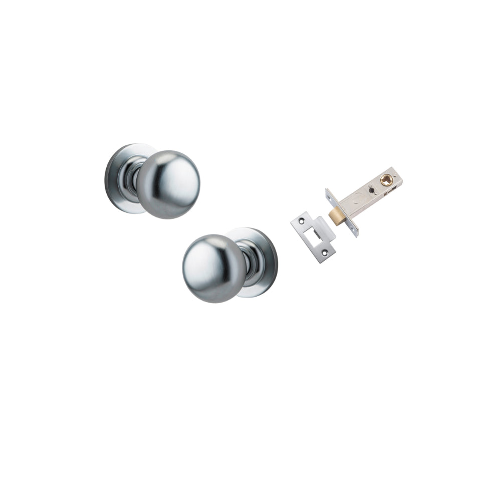 Door Knob Cambridge Round Rose Concealed Fix Brushed Chrome D54xP67mm BP58mm Passage Kit, Tube Latch Split Cam 'T' Striker Brushed Chrome Backset 60mm in Brushed Chrome