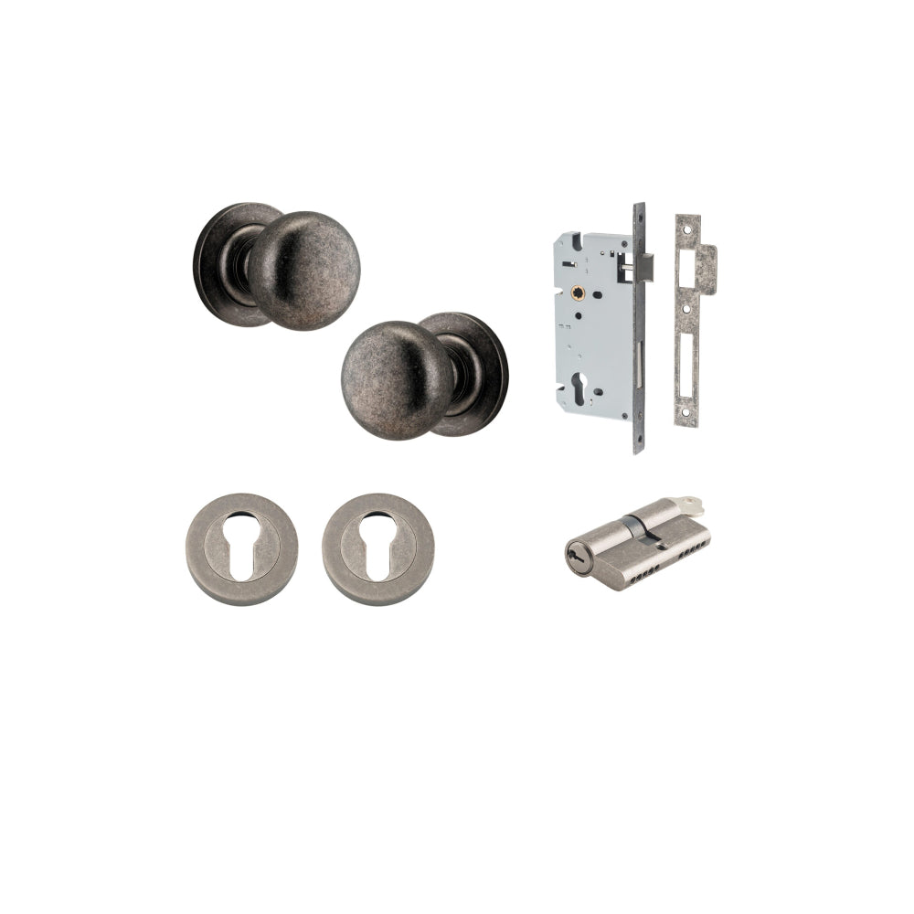 Door Knob Cambridge Round Rose Concealed Fix Distressed Nickel D54xP67mm BP58mm Entrance Kit, Mortice Lock Euro Distressed Nickel CTC85mm Backset 60mm, Euro Cylinder Dual Function 5 Pin Distressed Nickel L65mm KA1, Escutcheon Euro Concealed Fix Ro… in Dis