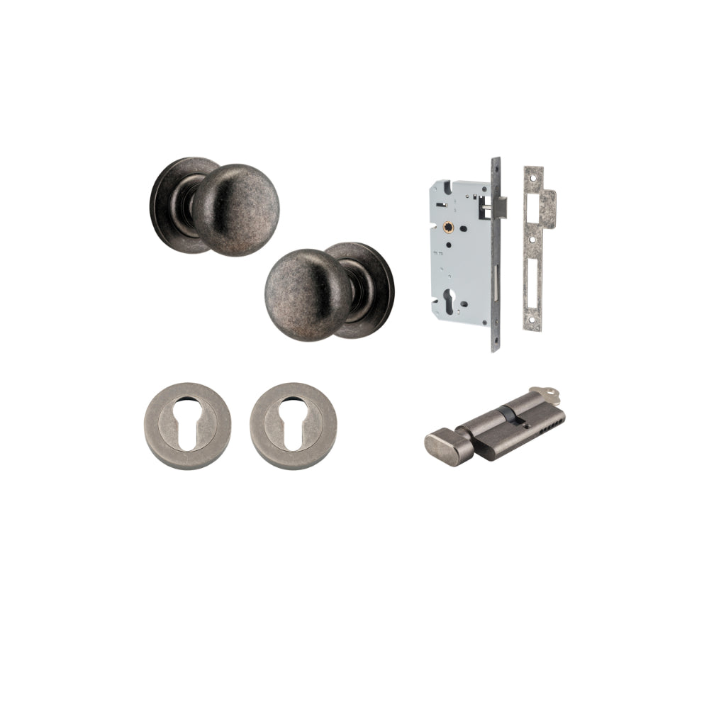 Door Knob Cambridge Round Rose Concealed Fix Distressed Nickel D54xP67mm BP58mm Entrance Kit, Mortice Lock Euro Distressed Nickel CTC85mm Backset 60mm, Euro Cylinder Key Thumb 6 Pin Distressed Nickel L70mm KA1, Escutcheon Euro Concealed Fix Round … in Dis