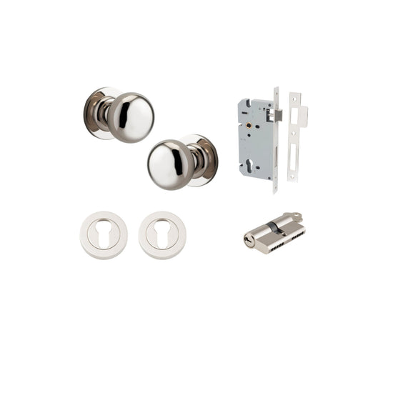 Door Knob Cambridge Round Rose Concealed Fix Polished Nickel D54xP67mm BP58mm Entrance Kit, Mortice Lock Euro Polished Nickel CTC85mm Backset 60mm, Euro Cylinder Dual Function 5 Pin Polished Nickel L65mm KA1, Escutcheon Euro Concealed Fix Round Pa… in Pol