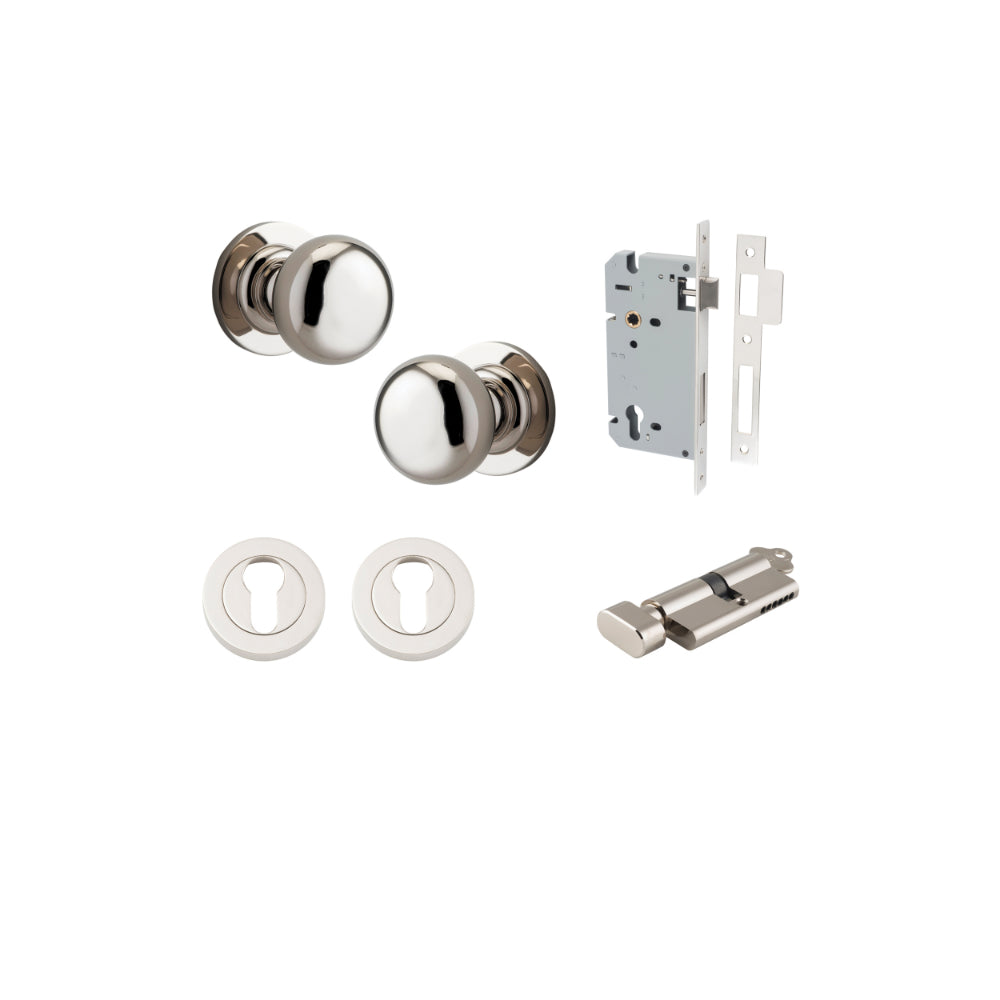 Door Knob Cambridge Round Rose Concealed Fix Polished Nickel D54xP67mm BP58mm Entrance Kit, Mortice Lock Euro Polished Nickel CTC85mm Backset 60mm, Euro Cylinder Key Thumb 6 Pin Polished Nickel L70mm KA1, Escutcheon Euro Concealed Fix Round Pair P… in Pol