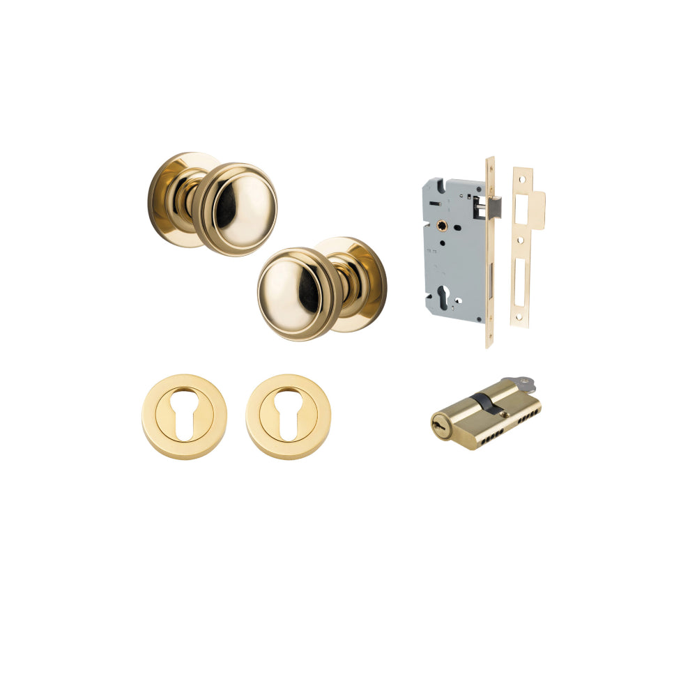 Door Knob Paddington Round Rose Concealed Fix Polished Brass D54xP68mm BP58mm Entrance Kit, Mortice Lock Euro Polished Brass CTC85mm Backset 60mm, Euro Cylinder Dual Function 5 Pin Polished Brass L65mm KA1, Escutcheon Euro Concealed Fix Round Pair… in Pol