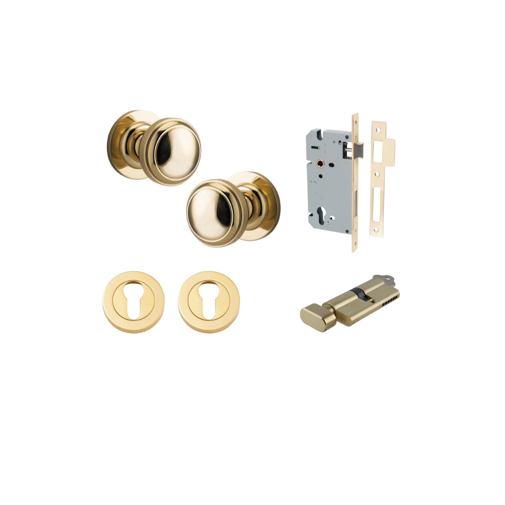 Door Knob Paddington Round Rose Concealed Fix Polished Brass D54xP68mm BP58mm Entrance Kit, Mortice Lock Euro Polished Brass CTC85mm Backset 60mm, Euro Cylinder Key Thumb 6 Pin Polished Brass L70mm KA1, Escutcheon Euro Concealed Fix Round Pair Pol… in Pol