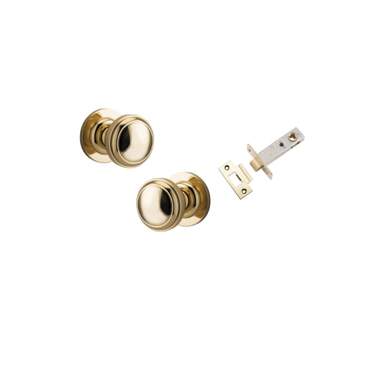 Door Knob Paddington Round Rose Concealed Fix Polished Brass D54xP68mm BP58mm Passage Kit, Tube Latch Split Cam 'T' Striker Polished Brass Backset 60mm in Polished Brass