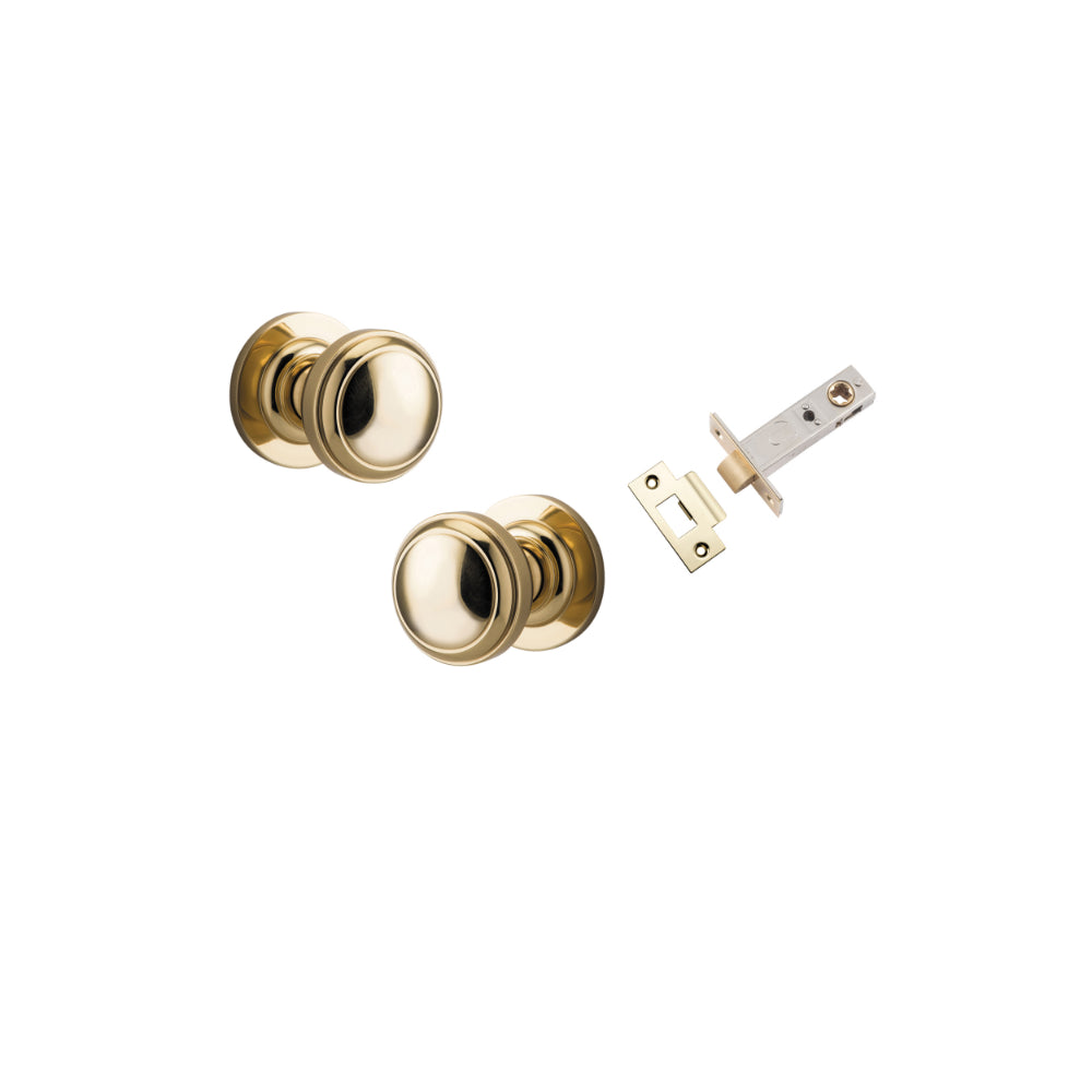 Door Knob Paddington Round Rose Concealed Fix Polished Brass D54xP68mm BP58mm Passage Kit, Tube Latch Split Cam 'T' Striker Polished Brass Backset 60mm in Polished Brass