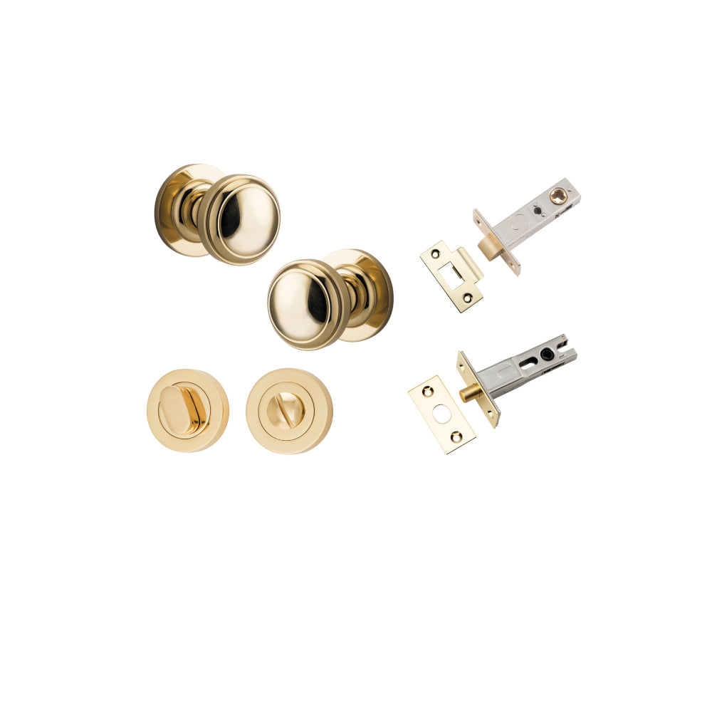 Door Knob Paddington Round Rose Concealed Fix Polished Brass D54xP68mm BP58mm Privacy Kit, Tube Latch Split Cam 'T' Striker Polished Brass Backset 60mm, Privacy Bolt Round Bolt Polished Brass Backset 60mm, Privacy Turn Oval Concealed Fix Round Pol… in Pol