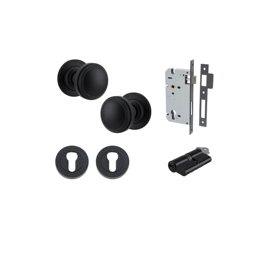 Door Knob Paddington Round Rose Concealed Fix Matt Black D54xP68mm BP58mm Entrance Kit, Mortice Lock Euro Matt Black CTC85mm Backset 60mm, Euro Cylinder Dual Function 5 Pin Matt Black L65mm KA1, Escutcheon Euro Concealed Fix Round Pair Matt Black … in Mat