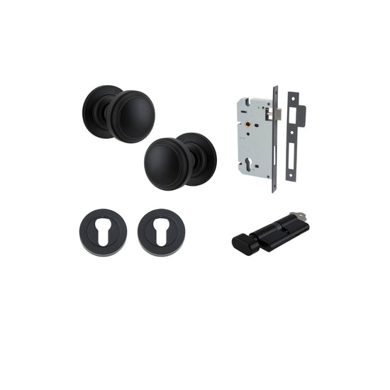 Door Knob Paddington Round Rose Concealed Fix Matt Black D54xP68mm BP58mm Entrance Kit, Mortice Lock Euro Matt Black CTC85mm Backset 60mm, Euro Cylinder Key Thumb 6 Pin Matt Black L70mm KA1, Escutcheon Euro Concealed Fix Round Pair Matt Black D52x… in Mat