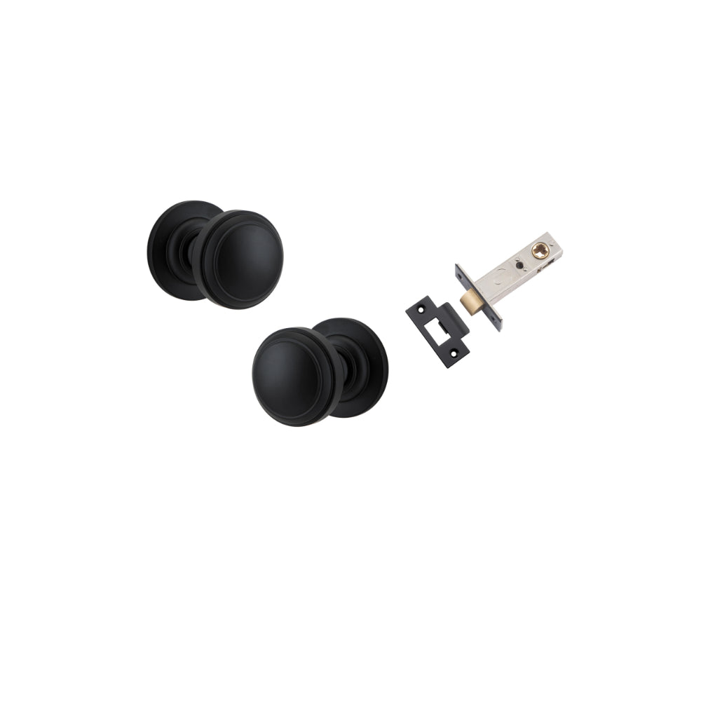 Door Knob Paddington Round Rose Concealed Fix Matt Black D54xP68mm BP58mm Passage Kit, Tube Latch Split Cam 'T' Striker Matt Black Backset 60mm in Matt Black