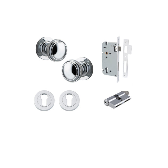 Door Knob Paddington Round Rose Concealed Fix Polished Chrome D54xP68mm BP58mm Entrance Kit, Mortice Lock Euro Polished Chrome CTC85mm Backset 60mm, Euro Cylinder Dual Function 5 Pin Polished Chrome L65mm KA1, Escutcheon Euro Concealed Fix Round P… in Pol