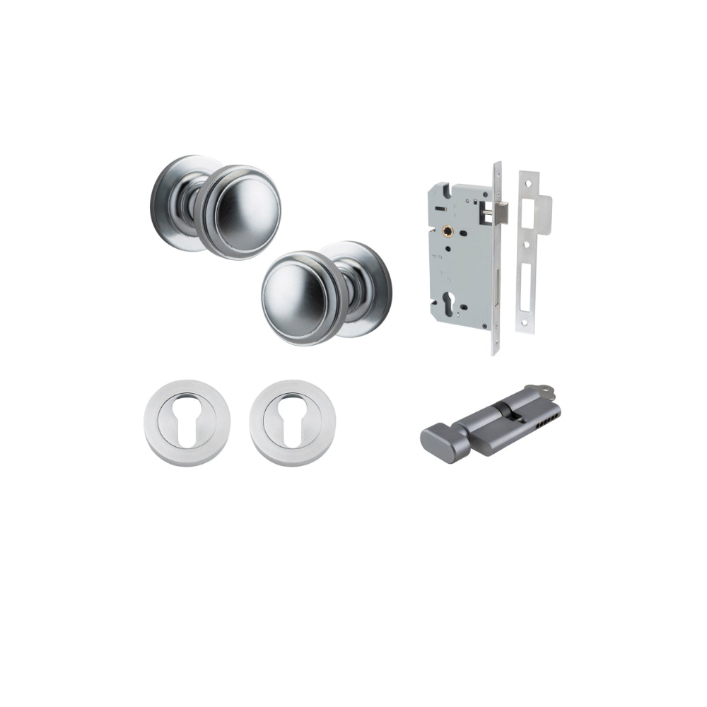 Door Knob Paddington Round Rose Concealed Fix Brushed Chrome D54xP68mm BP58mm Entrance Kit, Mortice Lock Euro Brushed Chrome CTC85mm Backset 60mm, Euro Cylinder Key Thumb 6 Pin Brushed Chrome L70mm KA1, Escutcheon Euro Concealed Fix Round Pair Bru… in Bru