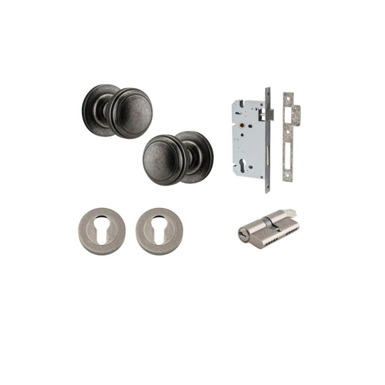 Door Knob Paddington Round Rose Concealed Fix Distressed Nickel D54xP68mm BP58mm Entrance Kit, Mortice Lock Euro Distressed Nickel CTC85mm Backset 60mm, Euro Cylinder Dual Function 5 Pin Distressed Nickel L65mm KA1, Escutcheon Euro Concealed Fix R… in Dis