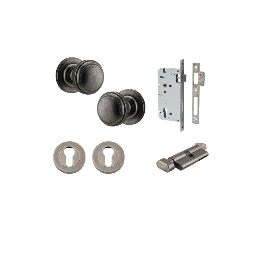 Door Knob Paddington Round Rose Concealed Fix Distressed Nickel D54xP68mm BP58mm Entrance Kit, Mortice Lock Euro Distressed Nickel CTC85mm Backset 60mm, Euro Cylinder Key Thumb 6 Pin Distressed Nickel L70mm KA1, Escutcheon Euro Concealed Fix Round… in Dis