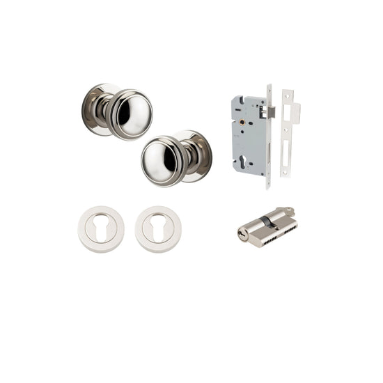 Door Knob Paddington Round Rose Concealed Fix Polished Nickel D54xP68mm BP58mm Entrance Kit, Mortice Lock Euro Polished Nickel CTC85mm Backset 60mm, Euro Cylinder Dual Function 5 Pin Polished Nickel L65mm KA1, Escutcheon Euro Concealed Fix Round P… in Pol