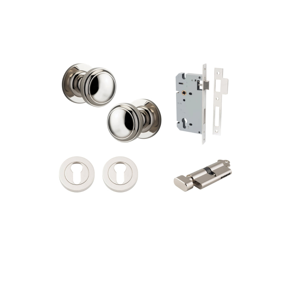 Door Knob Paddington Round Rose Concealed Fix Polished Nickel D54xP68mm BP58mm Entrance Kit, Mortice Lock Euro Polished Nickel CTC85mm Backset 60mm, Euro Cylinder Key Thumb 6 Pin Polished Nickel L70mm KA1, Escutcheon Euro Concealed Fix Round Pair … in Pol