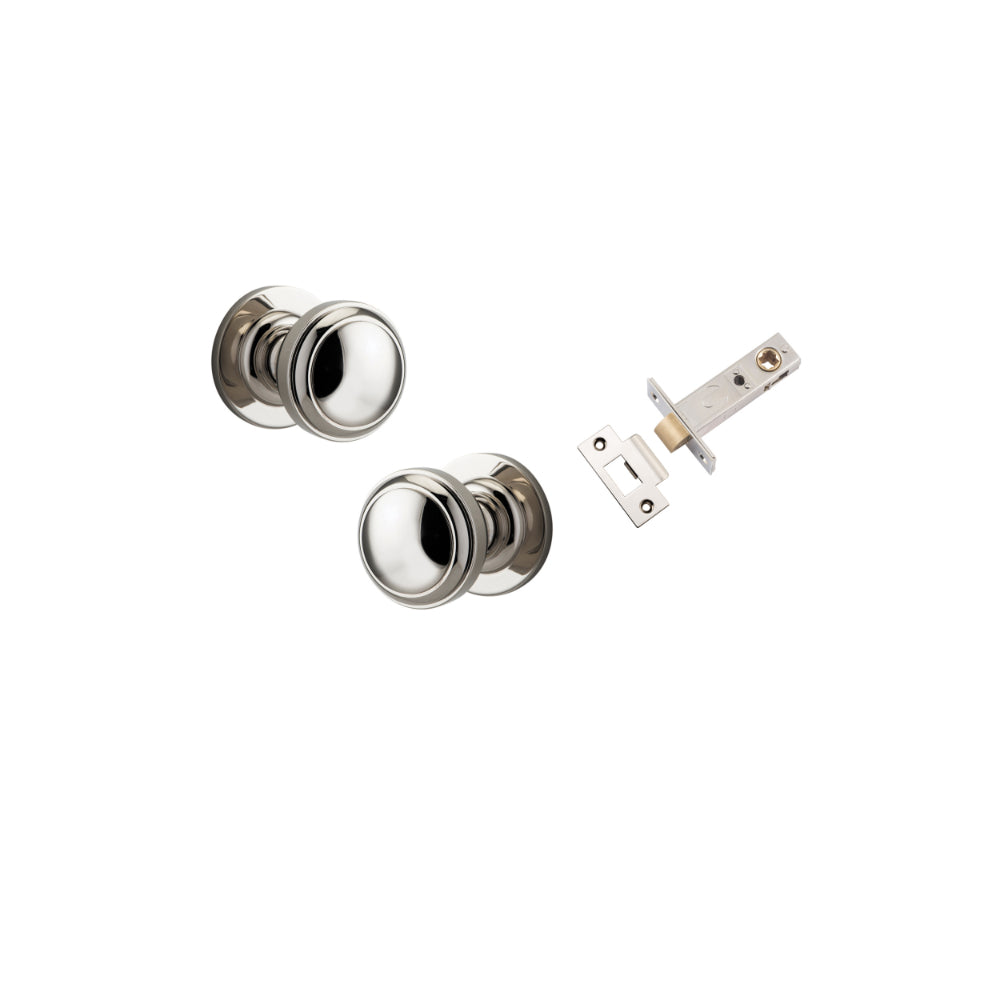 Door Knob Paddington Round Rose Concealed Fix Polished Nickel D54xP68mm BP58mm Passage Kit, Tube Latch Split Cam 'T' Striker Polished Nickel Backset 60mm in Polished Nickel