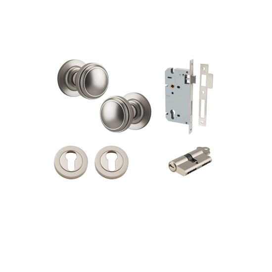 Door Knob Paddington Round Rose Concealed Fix Satin Nickel D54xP68mm BP58mm Entrance Kit, Mortice Lock Euro Satin Nickel CTC85mm Backset 60mm, Euro Cylinder Dual Function 5 Pin Satin Nickel L65mm KA1, Escutcheon Euro Concealed Fix Round Pair Satin… in Sat