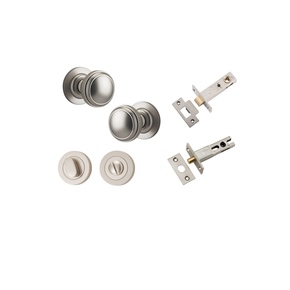 Door Knob Paddington Round Rose Concealed Fix Satin Nickel D54xP68mm BP58mm Privacy Kit, Tube Latch Split Cam 'T' Striker Satin Nickel Backset 60mm, Privacy Bolt Round Bolt Satin Nickel Backset 60mm, Privacy Turn Oval Concealed Fix Round Satin Nic… in Sat