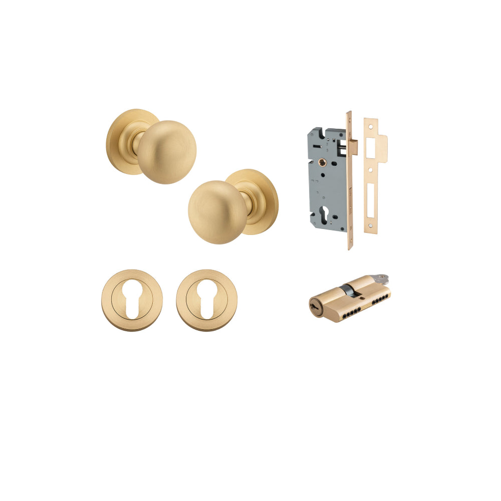 Door Knob Cambridge Round Rose Concealed Fix Brushed Brass D54xP67mm BP58mm Entrance Kit, Mortice Lock Euro Brushed Brass CTC85mm Backset 60mm, Euro Cylinder Dual Function 5 Pin Brushed Brass L65mm KA1, Escutcheon Euro Concealed Fix Round Pair Bru… in Bru