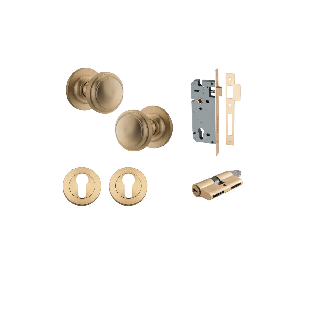 Door Knob Paddington Round Rose Concealed Fix Brushed Brass D54xP68mm BP58mm Entrance Kit, Mortice Lock Euro Brushed Brass CTC85mm Backset 60mm, Euro Cylinder Dual Function 5 Pin Brushed Brass L65mm KA1, Escutcheon Euro Concealed Fix Round Pair Br… in Bru