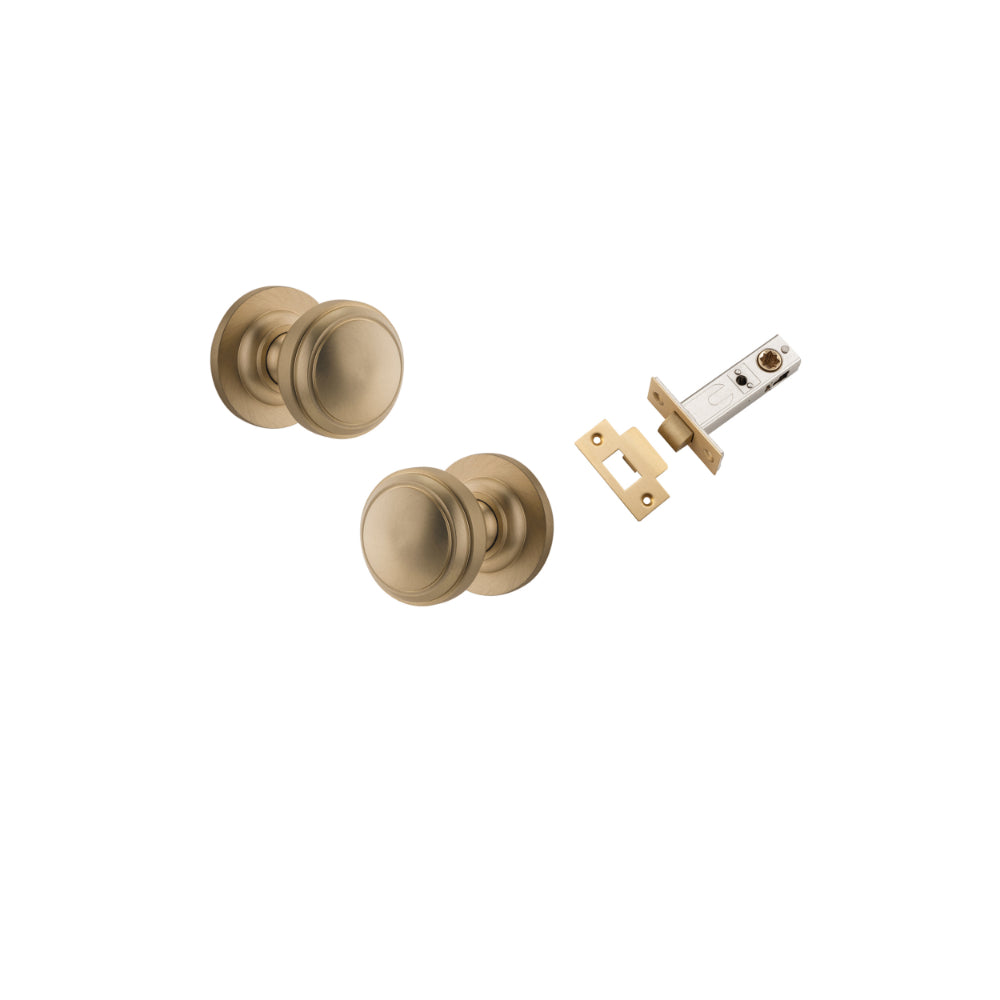 Door Knob Paddington Round Rose Concealed Fix Brushed Brass D54xP68mm BP58mm Passage Kit, Tube Latch Split Cam 'T' Striker Brushed Brass Backset 60mm in Brushed Brass