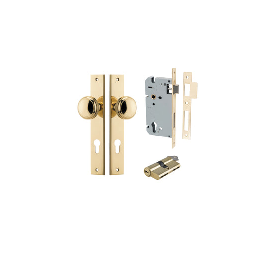 Door Knob Paddington Rectangular Euro Polished Brass CTC85mm H240xW38xP68mm Entrance Kit, Mortice Lock Euro Polished Brass CTC85mm Backset 60mm, Euro Cylinder Dual Function 5 Pin Polished Brass L65mm KA1 in Polished Brass