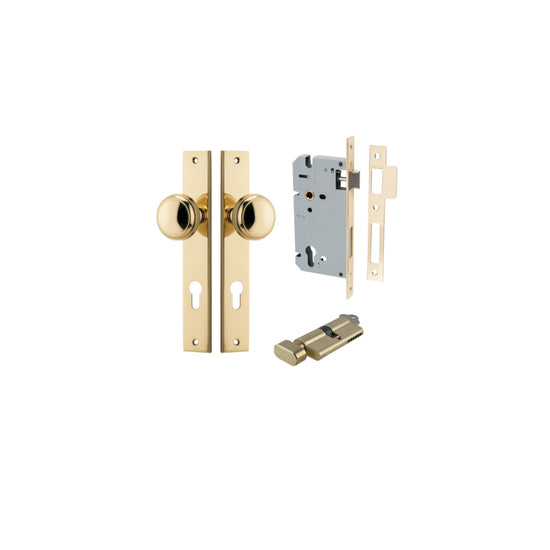 Door Knob Paddington Rectangular Euro Polished Brass CTC85mm H240xW38xP68mm Entrance Kit, Mortice Lock Euro Polished Brass CTC85mm Backset 60mm, Euro Cylinder Key Thumb 6 Pin Polished Brass L70mm KA1 in Polished Brass