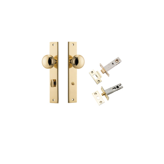 Door Knob Paddington Rectangular Privacy Polished Brass CTC85mm H240xW38xP68mm Inbuilt Privacy Kit, Tube Latch Split Cam 'T' Striker Polished Brass Backset 60mm, Privacy Bolt Round Bolt Polished Brass Backset 60mm in Polished Brass